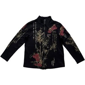 Y2K Cactus Black Bling Floral Bamboo Butterfly Print Lightweight Zip Up Jacket